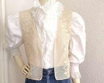 Kamizelka w stylu retro z lat 70., boho, koronkowa, kwiatowa, letnia, siateczkowa, makramowa, wiosenna, ręcznie robiona, bez guzików, boho