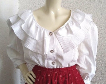 Blusa de verano romántica de los años 80 grandes volantes plisados doble cuello manga hinchada estilo victoriano eduardiano blusa decolette femenina 46 tamaño