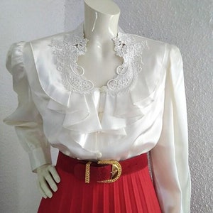 90s ruffled blouse puffy sleeve edwardian victorian style blouse minimalist beige blouse cutwork lace blouse simple basic lace blouse