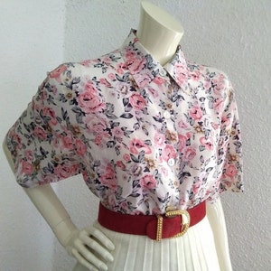 90s pure silk blouse floral feminine blouse pure silk button up shirt pink roses silk blouse 38 size botanical print blouse multicolor top