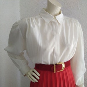 70s-80s C&A minimalist blouse striped pattern blouse puffy sleeve button up shirt basic simple blouse secretary office elegant top 46 size
