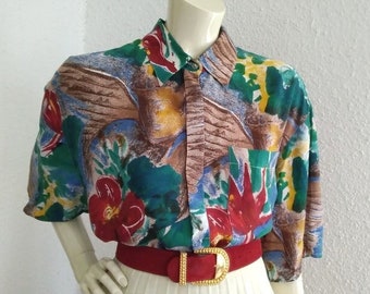 80er Bluse Engel Print Bluse Multicolor elegante Bluse MARCO VISCONTI bunte Bluse Knopfhemd Viskose Bluse Urlaubshemd Sommerbluse