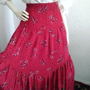 80s red paisley skirt summer long skirt asymmetric skirt pop-art red skirt ruffled day skirt german viscose skirt high waist gathered skirt
