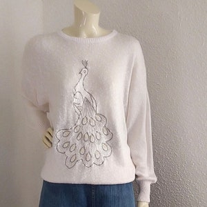 80s bird sweater peacock embroidery sweater spring novelty sweater minimalist simple basic sweater beaded sequined sweater sheer-ish