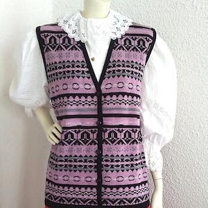 Jaren 80 glitter vest lentevest V-hals roze en zwart vest glanzend lurex vest fair isle-stijl vest lang gebreid vest geometrisch wol/acryl vest