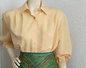 80er Jahre Jacquard Bluse Button Up Shirt minimalistisch gelbe Bluse elegante Bluse Frühlingsbluse Statement Bluse Basic Basic Bluse