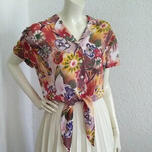 80s colorful floral blouse tie waist blouse 42 size viscose multicolor blouse notched collar pop-art blouse sun-flower botanical blouse