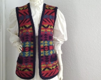 Gilet en laine des années 80 gilet folklorique coloré gilet en laine islandaise gilet à motif géométrique gilet sans bouton gilet en laine tricoté multicolore hiver gilet épais