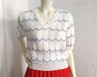 70s chevron knitted top colorblock sshort sleeve sweater lace pattern lurex sweater spring shiny knitwear V-neck zig-zag delicate knitwear