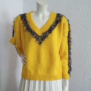 80s yellow sweater spring jumper vivid yellow handknitted sweater shiny decoration sweater V-neck lemon yellow jumper handmade pullover