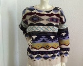 90s NANI BON wool sweater aztec print jumper multicolor chunky sweater unisex winter pullover crewneck colorful geometric sweater handknit