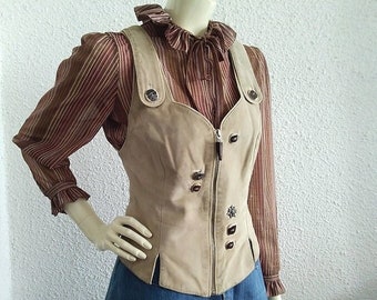 Gilet en cuir suédé effet vieilli gilet en cuir beige comme un corset gilet oktoberfest autrichienne tyrolienne en daim gilet gothique celtique en daim taille 38