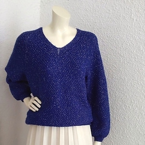 80s handknitted sweater pop-art glitter sparkle sweater elegant sweater V-neck electric blue sweater lurex shiny sweater handmade sweater