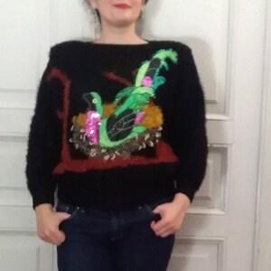 80s pop-art sweater embellished sweater patchwork sweater novelty sweater peacock sweater sequined sweater colorful black top puffy sleeve