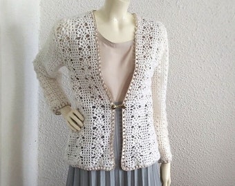 70s crochet cardigan spring white cardigan see through elegant cardigan handknitted sweater dainty holes retro cardigan shiny lurex hem top