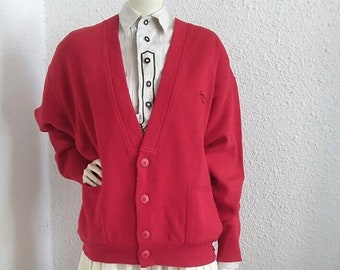 Cardigan rouge CARLO COLLUCI des années 80, cardigan de Noël festif, taille 54, cardigan allemand en laine/acrylique pour homme, cardigan basique minimaliste à col en V