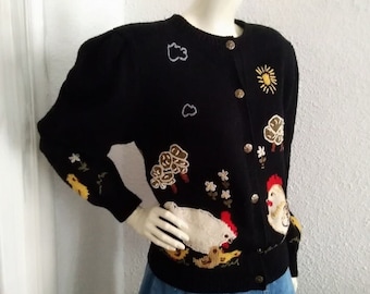 80s folk austrian cardigan embellished sweater puffy sleeve farm pullover novelty cottagecore wool sweater embroidery chicken cardigan