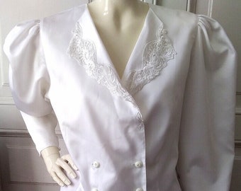 80s lace collar blouse elegant white blouse putty sleeve edwardian victorian style blouse embroidery peplum blouse double breasted 40 size