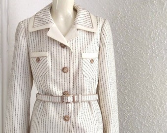 70s does 40s-50s wool suit MarCona Exclusiv suit striped elegant suit spring suit A-line skirt belted blazer suit butter color 38 size