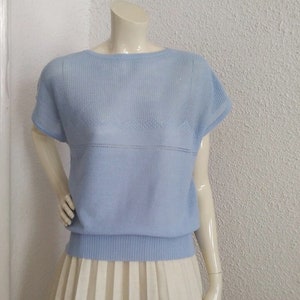 70er Jahre 40er-50er Jahre Strickbluse Basic Bluse schlichte Sommerbluse Kurzarm Retro Bluse pastellblau Strickbluse 48 Gr. Acryl /Wolle