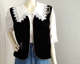 Jaren '80 zwart fluwelen vest gouden borduurvest knooploos fluwelen elegant vest SOMMERMAN katoen fluwelen vest feestavond vest kralen vest
