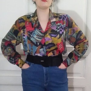 80s colorful blouse multicolor geometric print long sleeves gipsy print secretary shirt hipster shirt Canda 40 label size