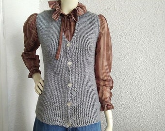 Gilet gris tricoté années 60-70, gilet boutonné minimaliste, col en V, gilet à ressort, gilet côtelé, gilet simple basique rétro à motif extensible, probablement en acrylique