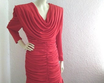 80er kultiges drapiertes Kleid rotes Jerseykleid Maximalist style Kleid elegantes Abend Disco Kleid 40 size Knitterkleid asymmetrisches Cocktailkleid