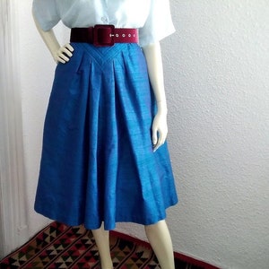 80s raw silk skirt summer gathered skirt cobalt blue silk skirt V-shape waist skirt minimalist blue midi skirt