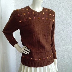 70s mod sweater floral embroidery jumper handknitted sweater autumnal sweater probably wool brown embroidered jumper retro V-neck pullover