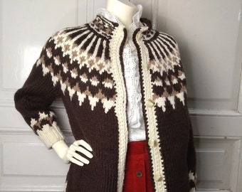 90s  norwegian cardigan handknitted wool cardigan wool cardigan ski sweater chunky cardigan scandinavian pullover brown beige  wool sweater