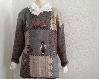 90s folk sweater scenic novelty sweater landscape farm sweater austrian tyrolean cardigan marled wool /acryl cable knit embroidered sweater