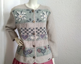 90s folk cardigan alpine trachten sweater farm landscape cardigan cottagecore sweater novelty sweater 42 size embroidered pastel sweater