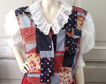 80er Jahre Patchwork Print Weste bunte Pop-Art Gilet V-Ausschnitt bunte Weste Baumwollsommerweste bunte Blumenweste kastenförmige Blumenweste 42 Größe