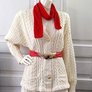 90s cable knit cardigan extrafine merino cardigan torsade wool cardigan winter pullover minimalist cardigan V-neck ivory sweater XL size