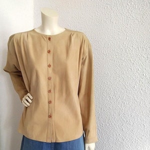 80s LECOMTE suede leather shirt minimalist leather shirt neutral color beige blouse real leather blouse basic simple suede shirt