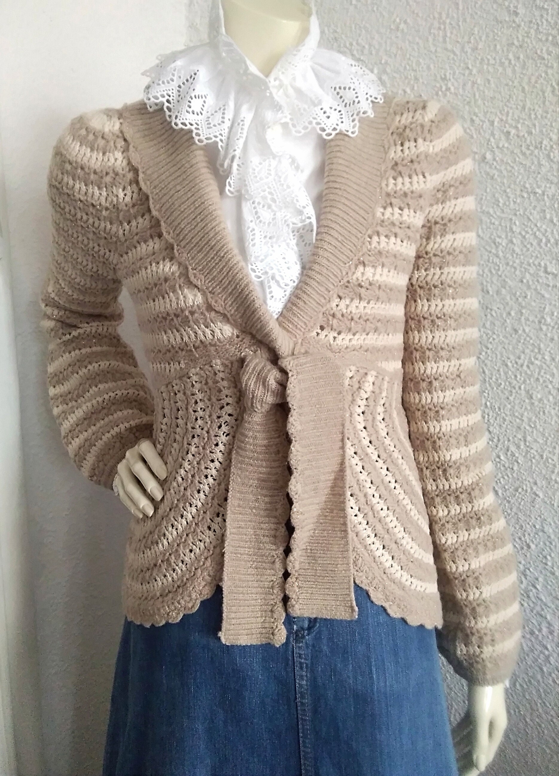VintageMagicTouch Anthropologie Sweater - Sleeping on Snow Cardigan Wool Cotton Sweater Retro Style Tie Waist Cardigan Minimal Neutral Crochet Style Sweater