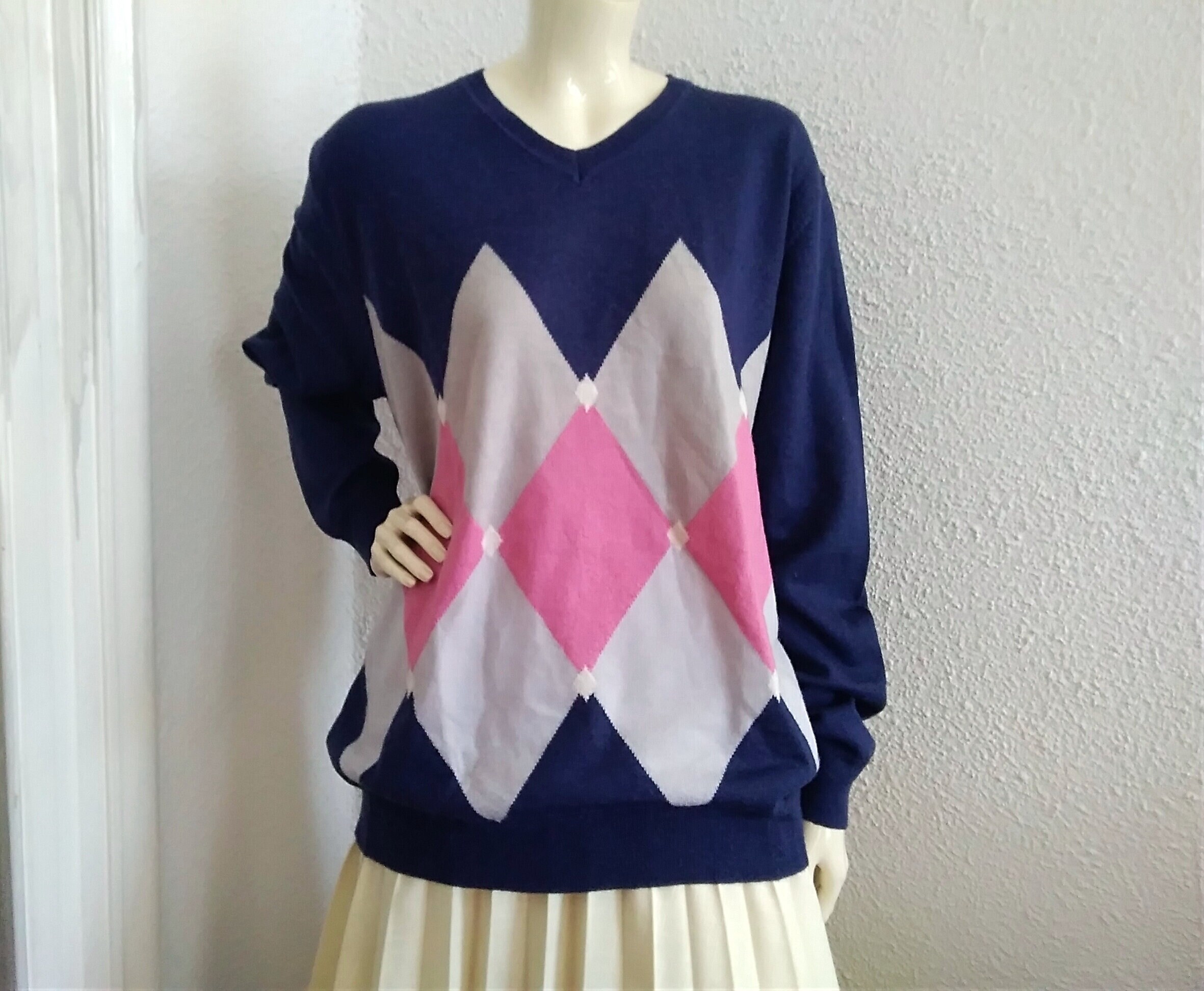 Men Argyle Style Sweater Wool Sweater Preppy Sweater Burlington Style Winter Knitwear V-Neck Classic Sweater Lord Nelson Pullover XXL Size