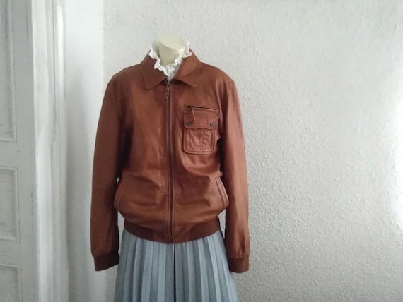 90s does 70s PIERRE CARDIN leather jacket brown spring jacket logo designer jacket zipped jacket classic real leather bomber jacket