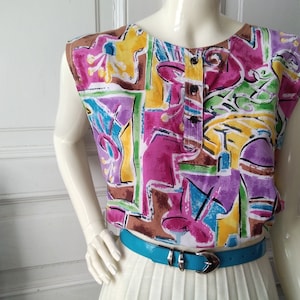 Jaren '80 kleurrijke zomerblouse mouwloze top abstracte print top zigeunerstijl L maat pop-art viscose blouse vakantieblouse veelkleurige top