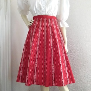 70s A-line red skirt striped floral skirt austrian tyrolean skirt folk peasant skirt cottagecore skirt 44 size cotton skirt millefleur skirt