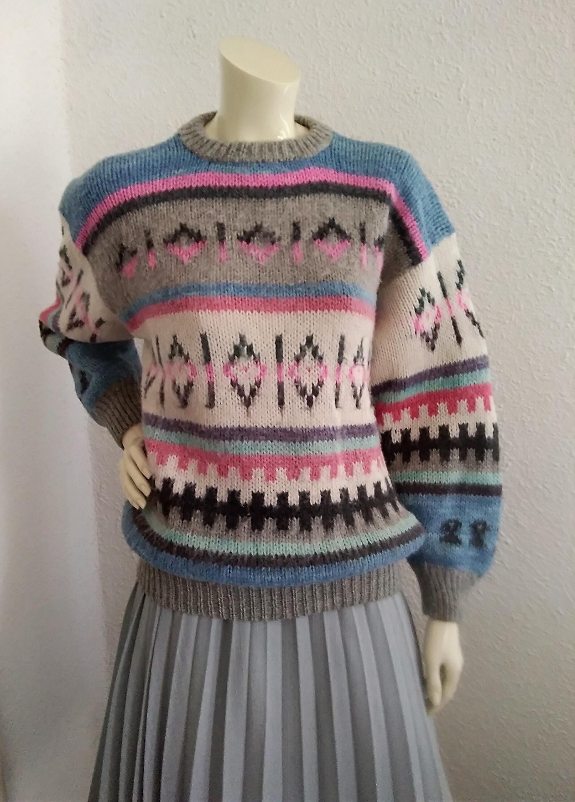 古着 ビンテージ 80s ヨーロッパ イギリス キッズ ニット セーター 希少 80年代のポップアートセーター、クルーネック、カラフルなメンズ