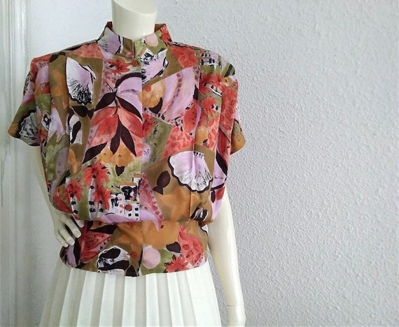 80s colorful blouse pleated chest blouse pop-art … - image 1