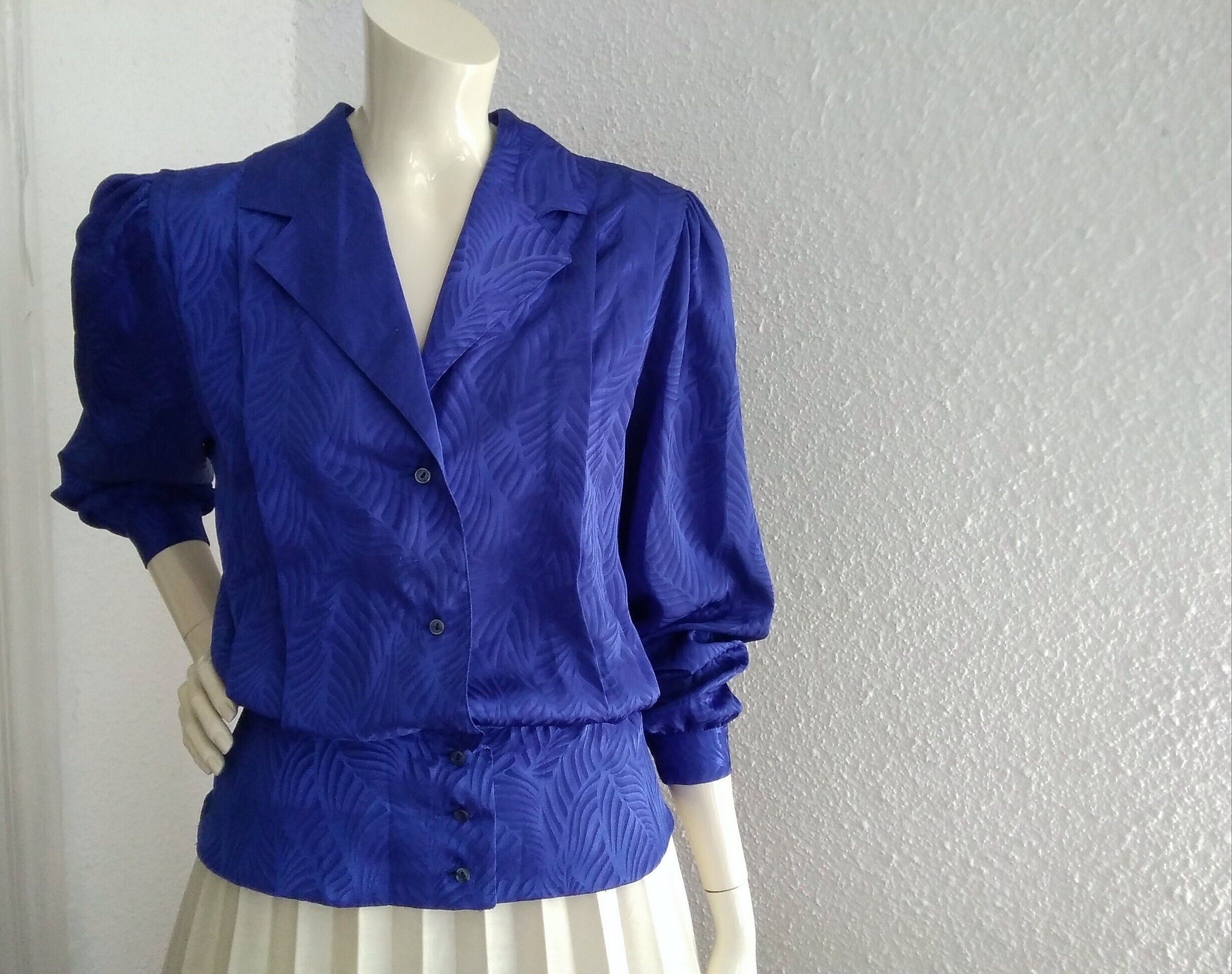 80s Royal Blue Blouse FREDE MODELL Jacquard Blouse 38 Size