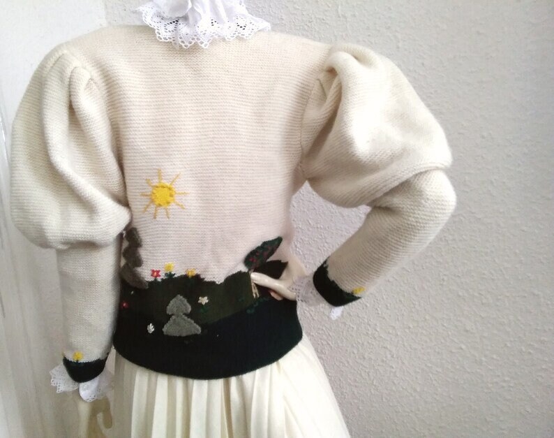 80s Folk Cardigan Mutton Sleeve Trachten Wool Sweater