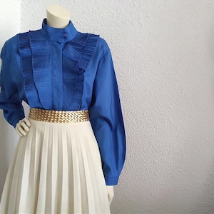 80s ruffled blouse blue blouse pleated ruffles blouse elegant statement blouse 42 EU size romantic cottagecore blouse bishop collar