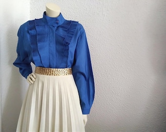 80s ruffled blouse blue blouse pleated ruffles blouse elegant statement blouse 42 EU size romantic cottagecore blouse bishop collar