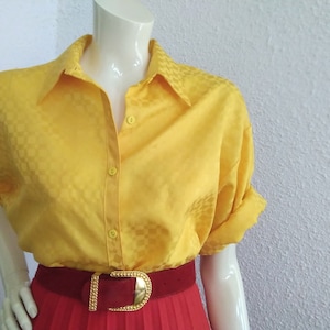 80s button up shirt yellow shirt jacquard summer shirt vivid yellow shirt 44 size minimalist bright color blouse checkered jacquard pattern