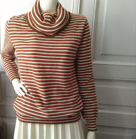 VintageMagicTouch Striped Turtleneck Top Vintage 90s Colorful High Neck Sweater Color Blocking Pullover Big Cowl Neck Sweater Spring Sweater