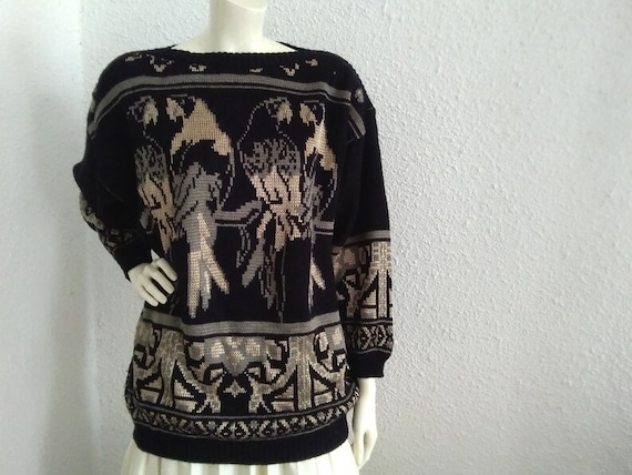 80s pop-art parrots sweater funny sweater black golden sweater baroque print sweater boatneck sweater italian sweater long elegant sweater